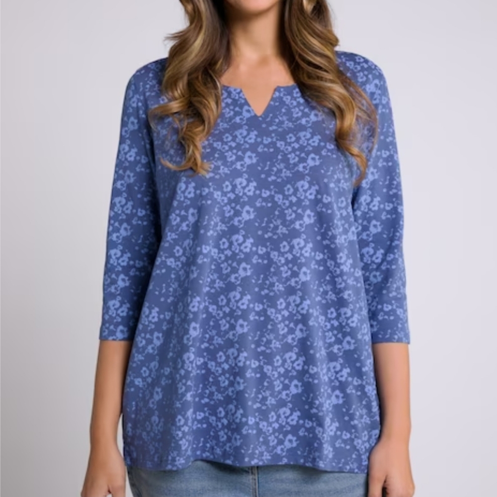 ULLA POPKEN Aartsy Abstract Floral Round Notch Neck 3/4 Sleeve Blue Top 24/26
